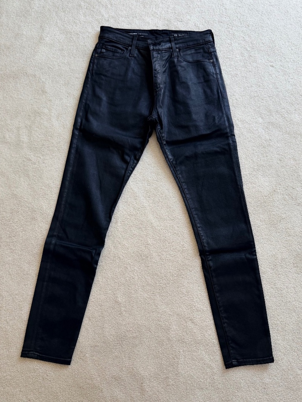 AG Farrah Ankle High-Rise Skinny Coated Jeans, Black, Japanese Fabric, Size 28R